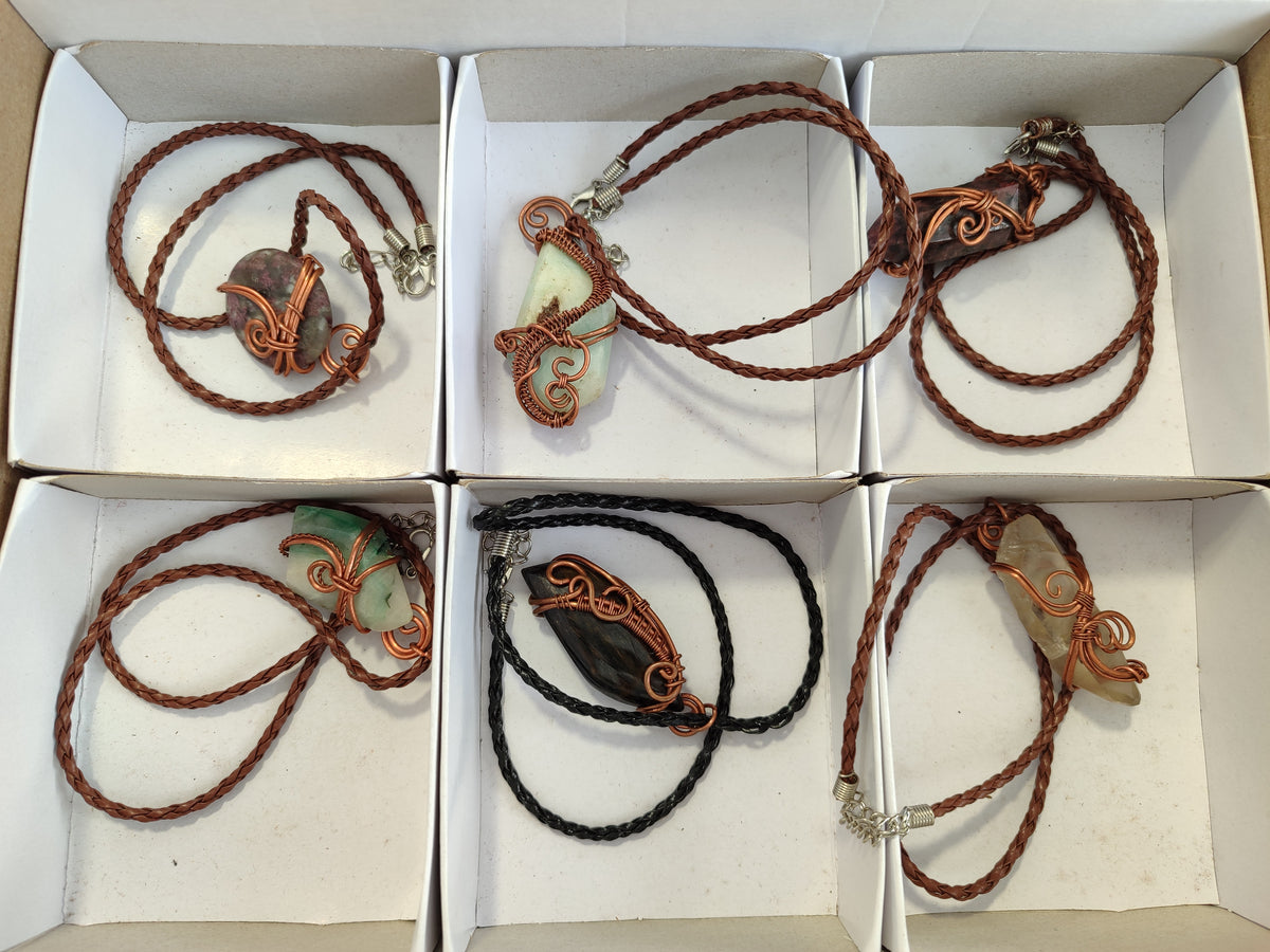 Hand Made Copper Wire Wrapped Pendants x 6 From Southern Africa - Toprock Gemstones and Minerals 