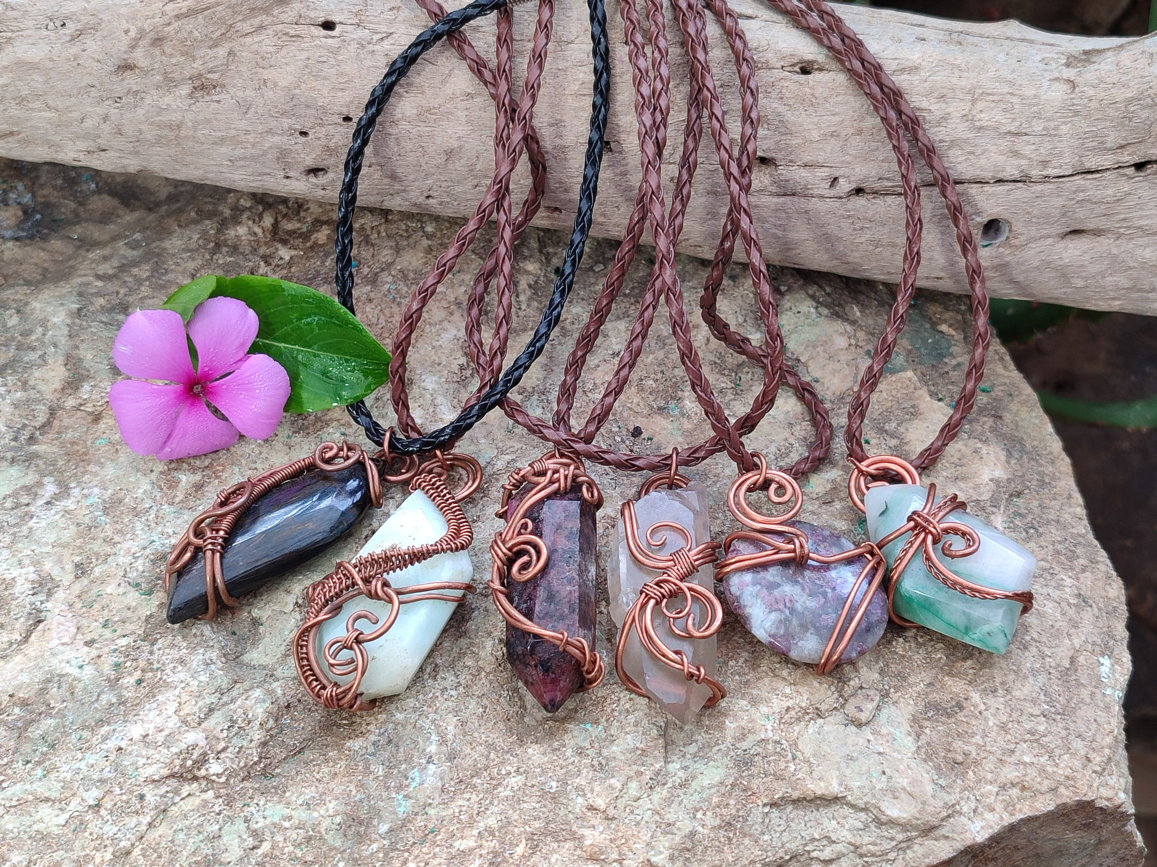 Hand Made Copper Wire Wrapped Pendants x 6 From Southern Africa - Toprock Gemstones and Minerals 