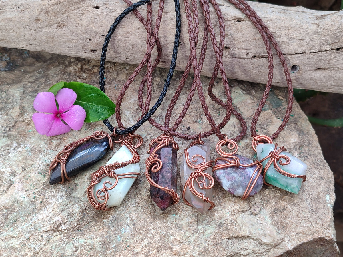 Hand Made Copper Wire Wrapped Pendants x 6 From Southern Africa - Toprock Gemstones and Minerals 