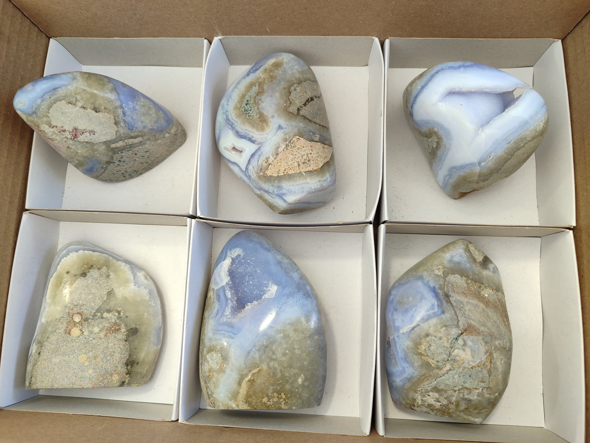 Polished Blue Lace Agate Geodes x 6 From Malawi - Toprock Gemstones and Minerals 