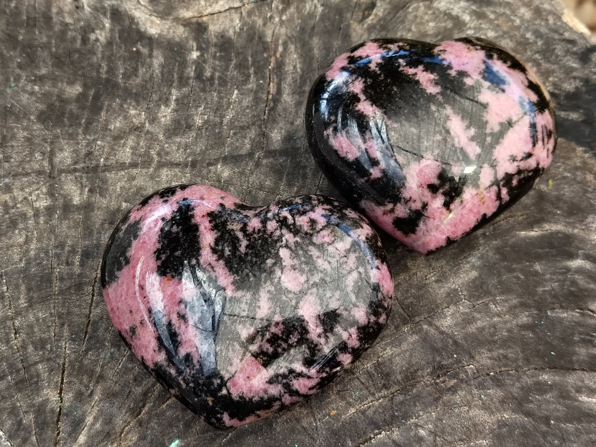 Polished Rhodonite Gemstone Hearts x 3 From Ambindavato, Madagascar - Toprock Gemstones and Minerals 