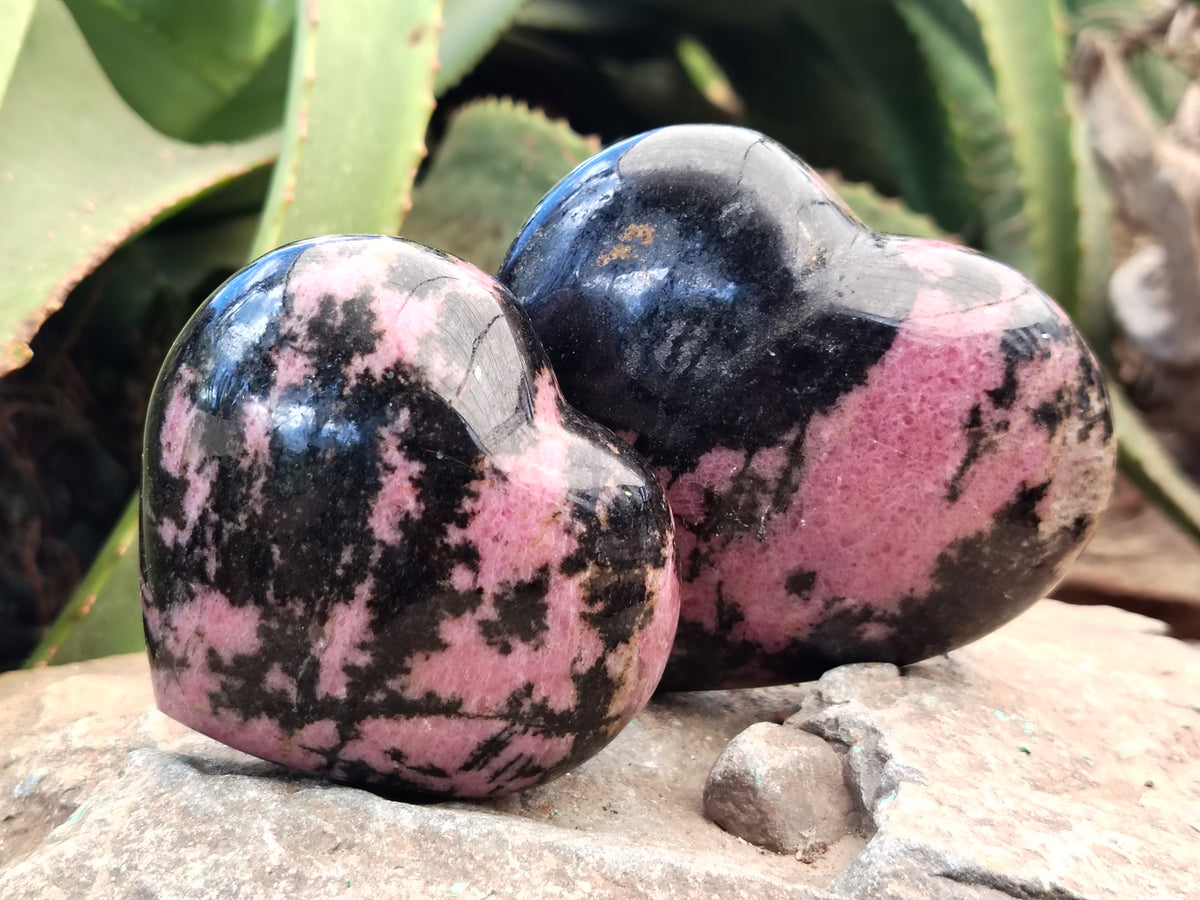 Polished Rhodonite Gemstone Hearts x 3 From Ambindavato, Madagascar - Toprock Gemstones and Minerals 