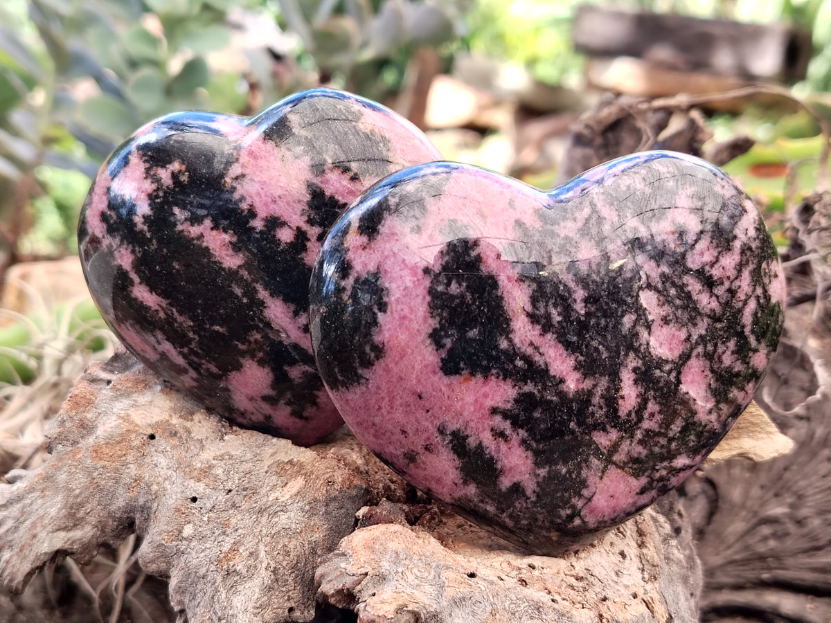 Polished Rhodonite Gemstone Hearts x 3 From Ambindavato, Madagascar - Toprock Gemstones and Minerals 