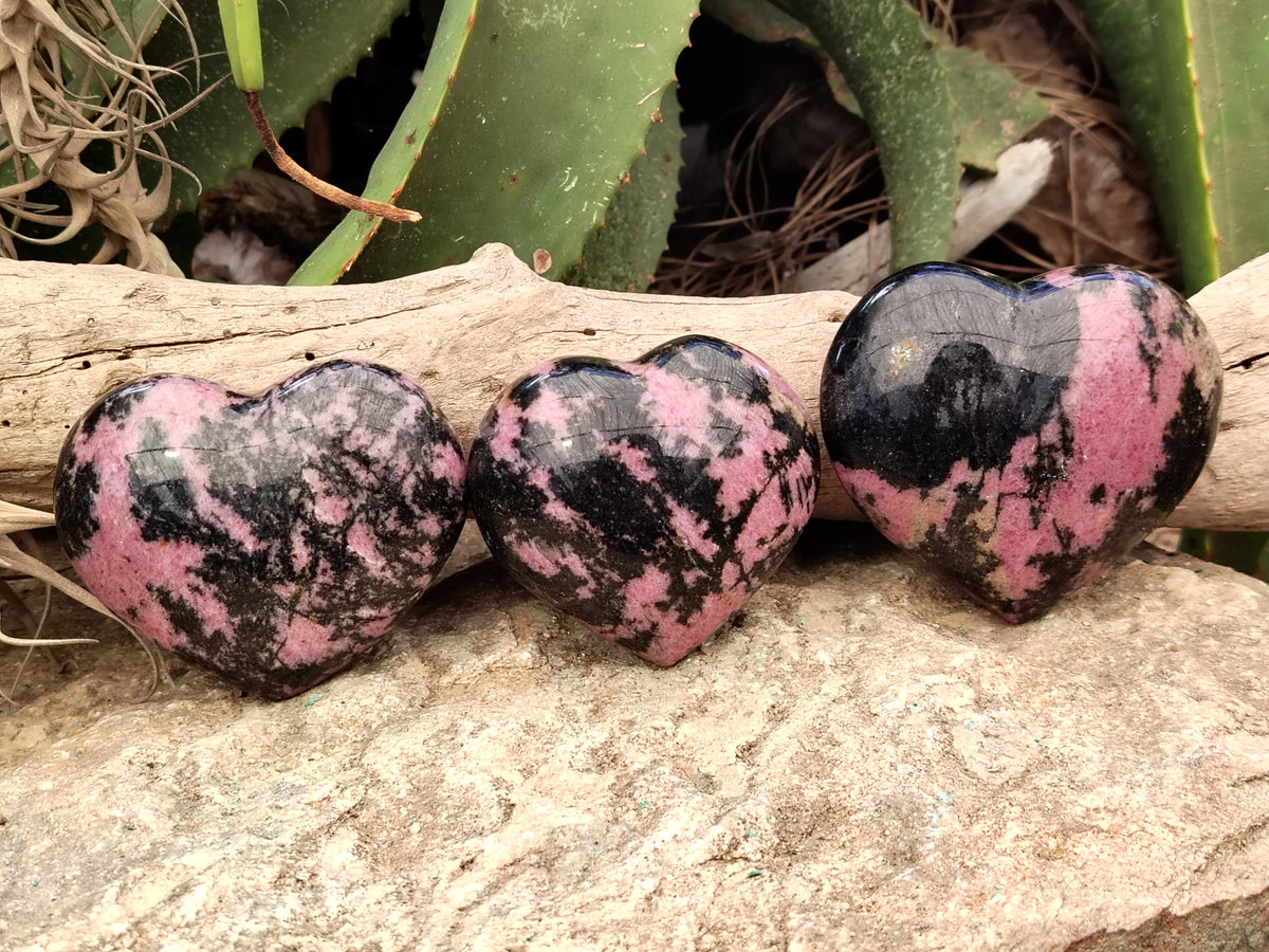 Polished Rhodonite Gemstone Hearts x 3 From Ambindavato, Madagascar - Toprock Gemstones and Minerals 