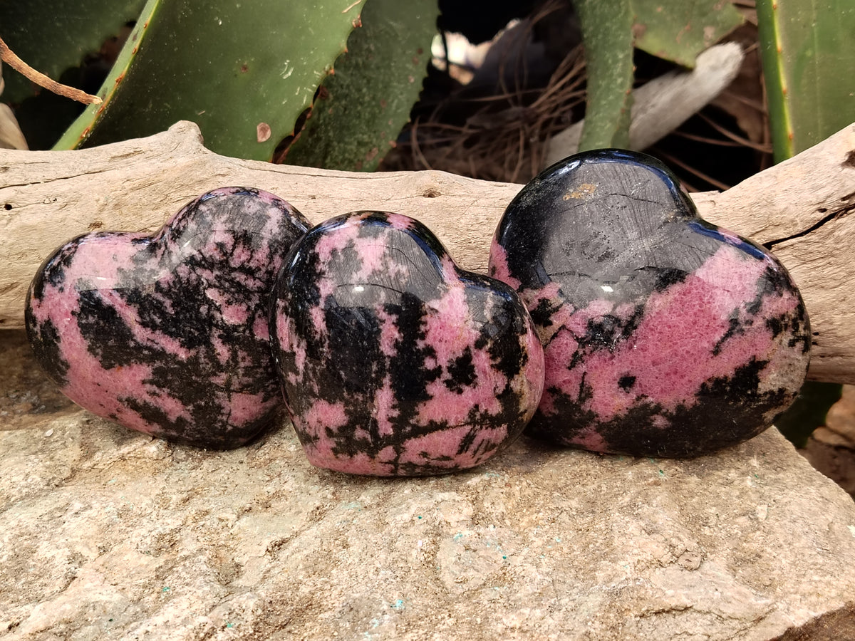 Polished Rhodonite Gemstone Hearts x 3 From Ambindavato, Madagascar - Toprock Gemstones and Minerals 