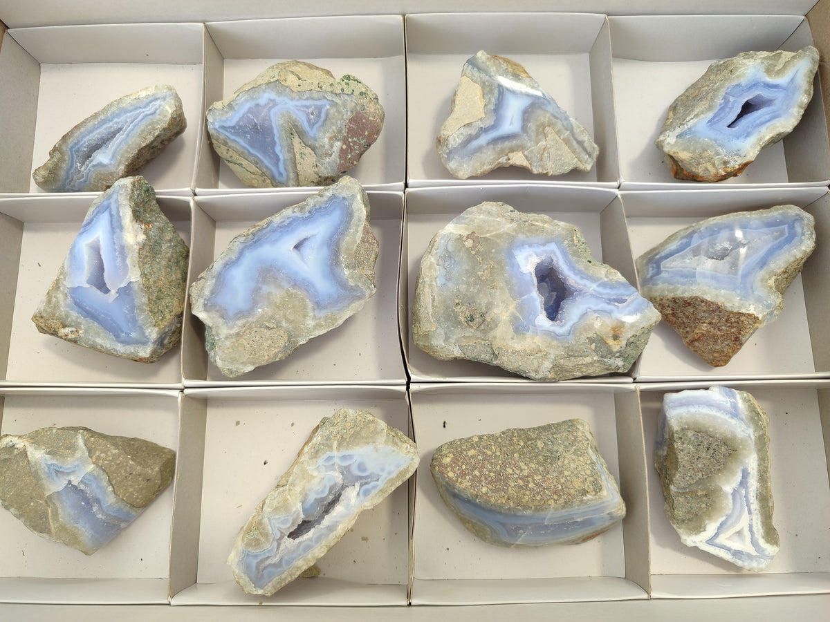 Polished On One Side Blue Lace Agate Geodes x 12 From Nsanje, Malawi - Toprock Gemstones and Minerals 