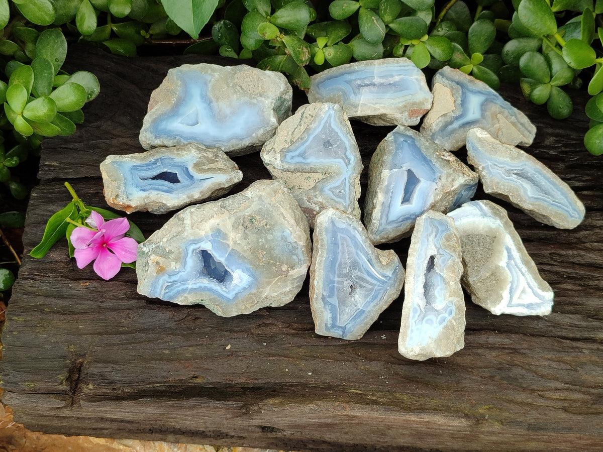 Polished On One Side Blue Lace Agate Geodes x 12 From Nsanje, Malawi - Toprock Gemstones and Minerals 