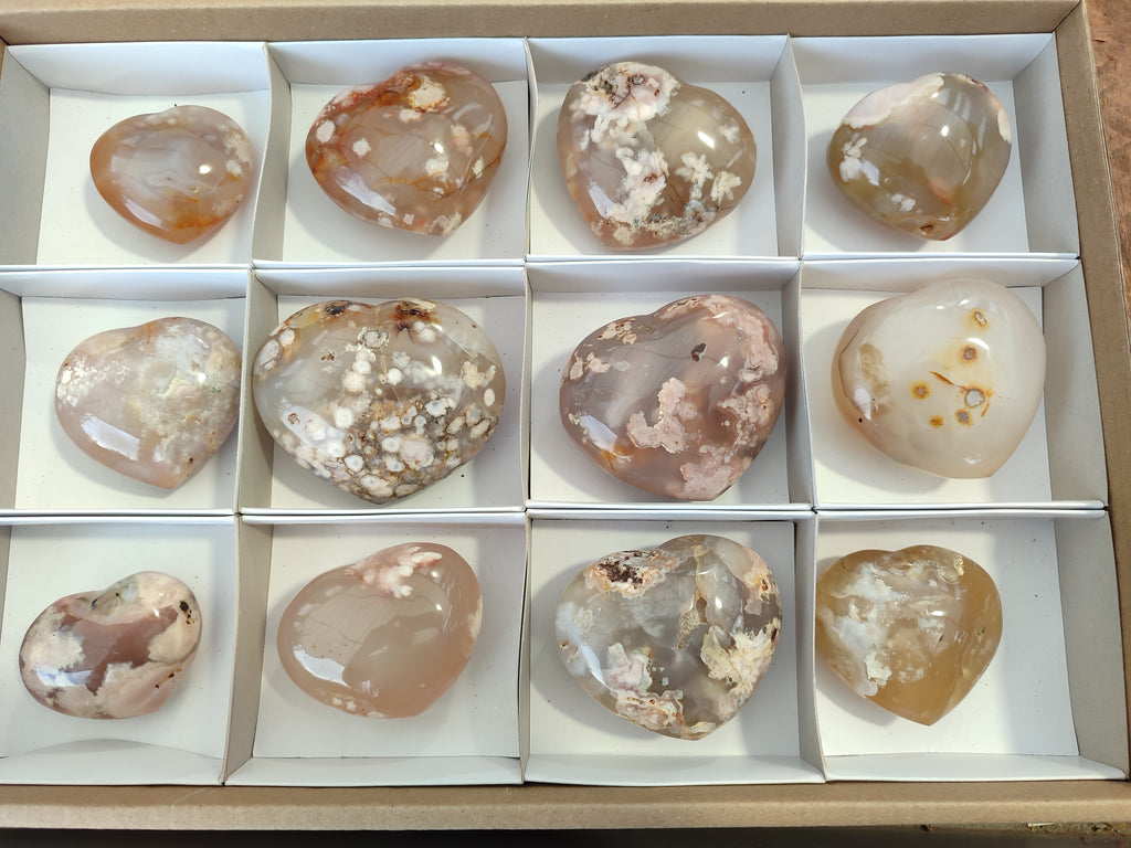 Polished Flower Agate Hearts x 12 From Antsahalova, Madagascar - Toprock Gemstones and Minerals 