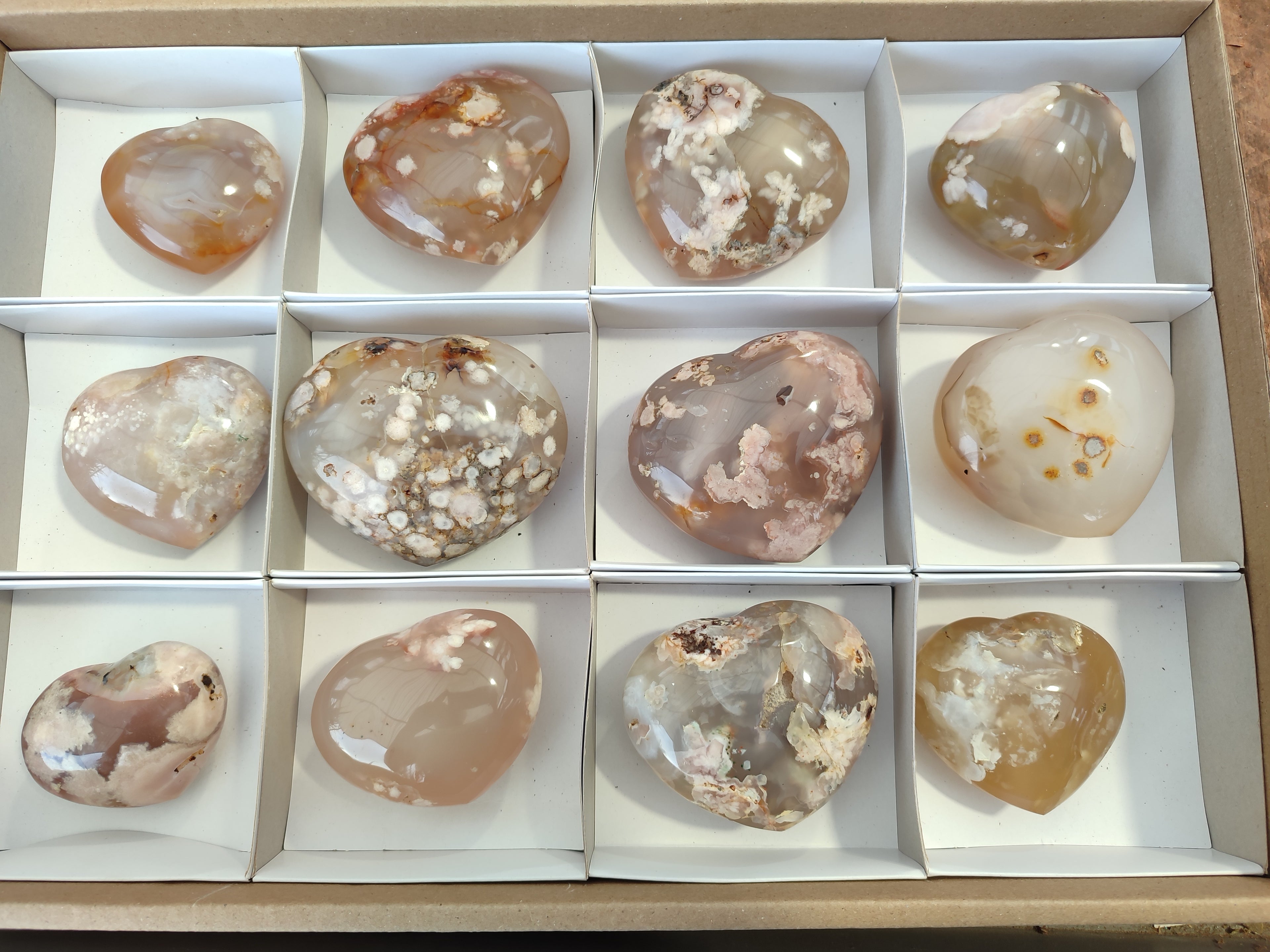 Polished Flower Agate Hearts x 12 From Antsahalova, Madagascar - Toprock Gemstones and Minerals 