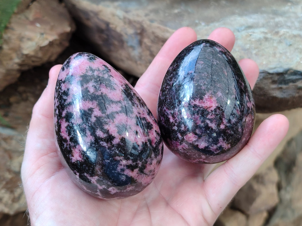 Polished Rhodonite Eggs and a heart x 3 From Ambindavato, Madagascar - Toprock Gemstones and Minerals 