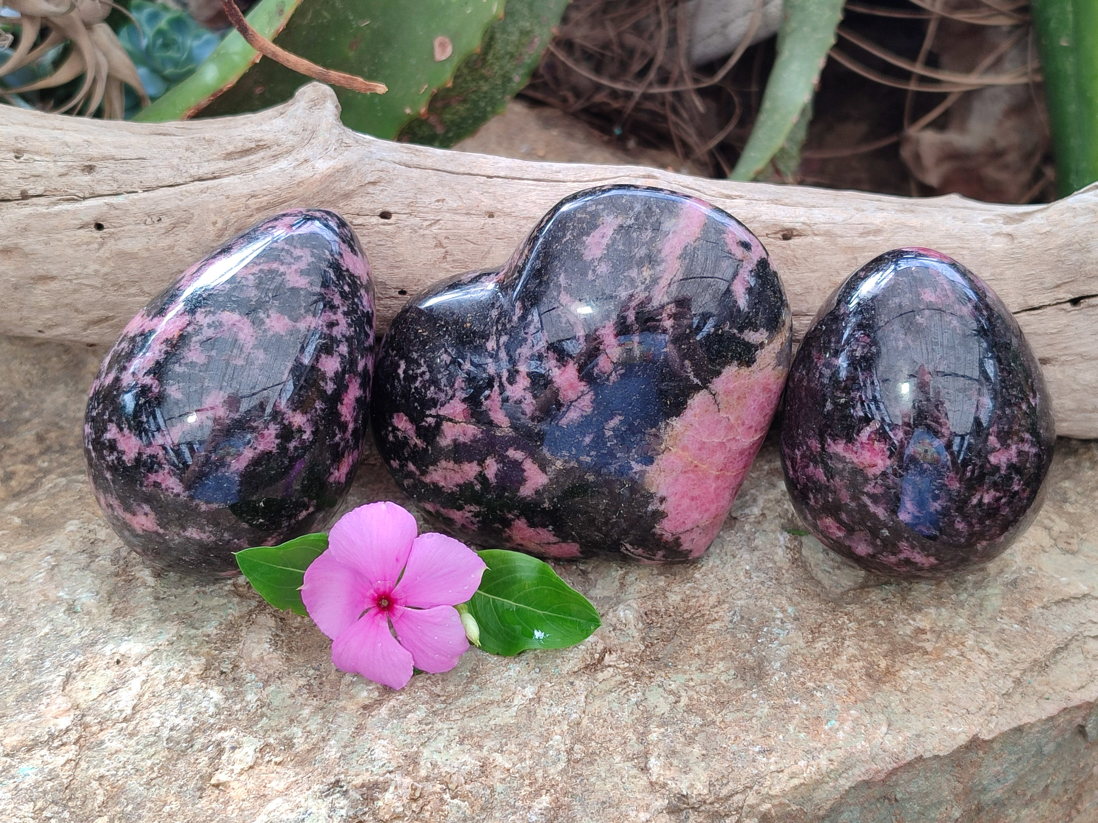 Polished Rhodonite Eggs and a heart x 3 From Ambindavato, Madagascar - Toprock Gemstones and Minerals 