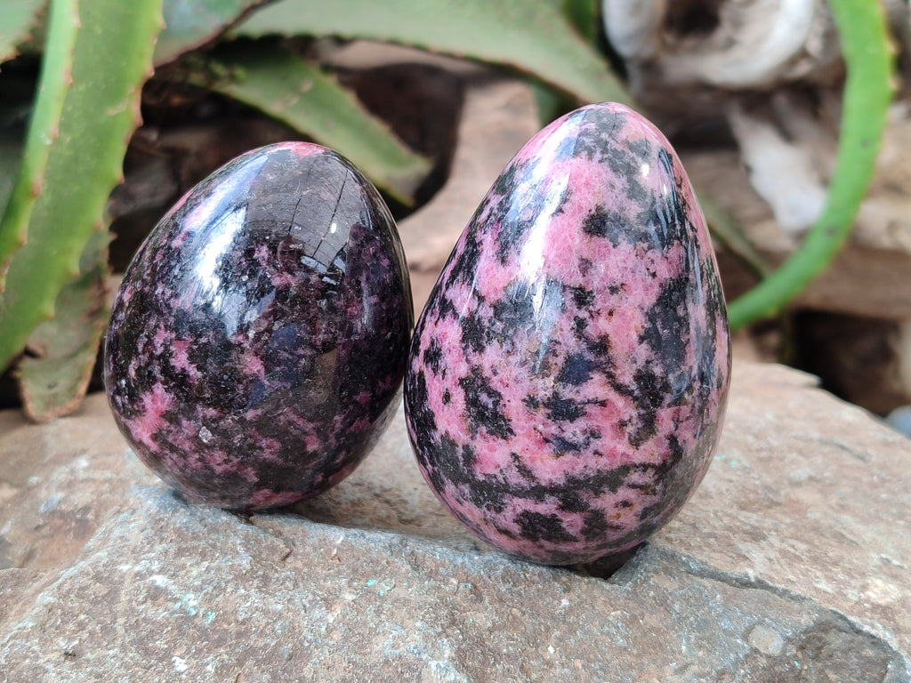 Polished Rhodonite Eggs and a heart x 3 From Ambindavato, Madagascar - Toprock Gemstones and Minerals 