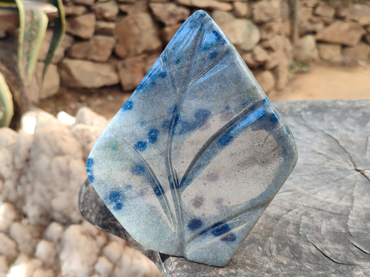 Polished Blue Spinel Spotted Quartz Leaf Sculpture x 1 From Madagascar - Toprock Gemstones and Minerals 