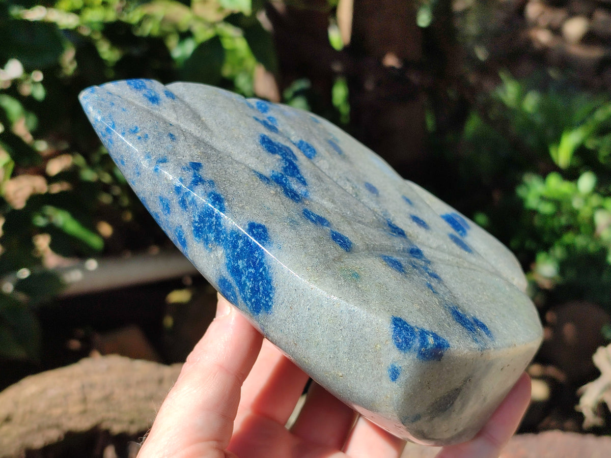 Polished Blue Spinel Spotted Quartz Leaf Sculpture x 1 From Madagascar - Toprock Gemstones and Minerals 