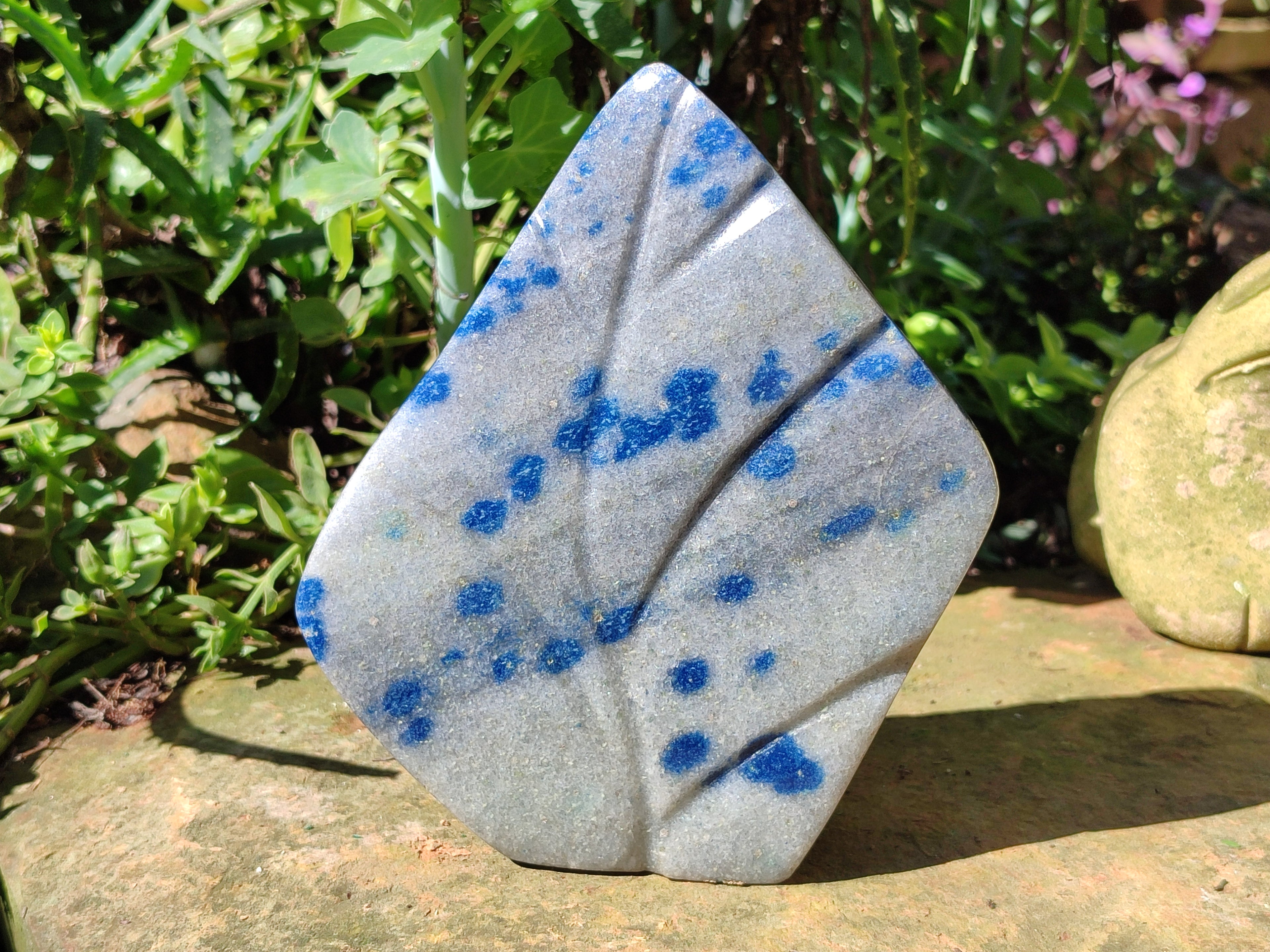 Polished Blue Spinel Spotted Quartz Leaf Sculpture x 1 From Madagascar - Toprock Gemstones and Minerals 