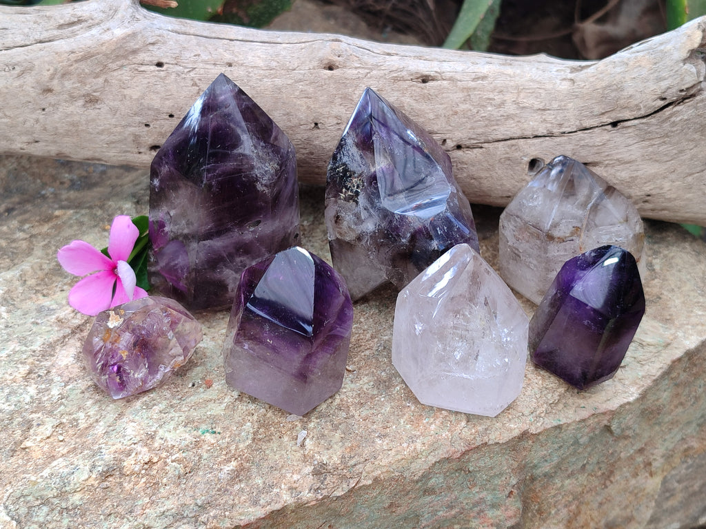 Polished Smokey Window Amethyst Quartz Crystals x 7 From Akansobe, Madagascar - Toprock Gemstones and Minerals 