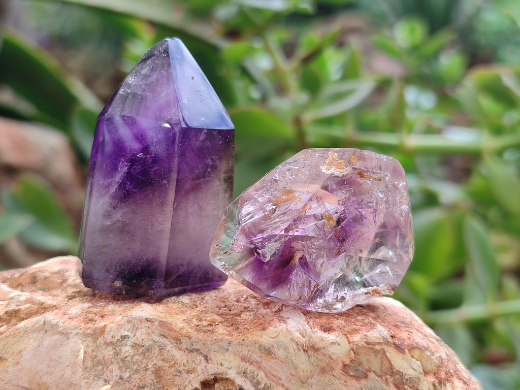 Polished Smokey Window Amethyst Quartz Crystals x 7 From Akansobe, Madagascar - Toprock Gemstones and Minerals 