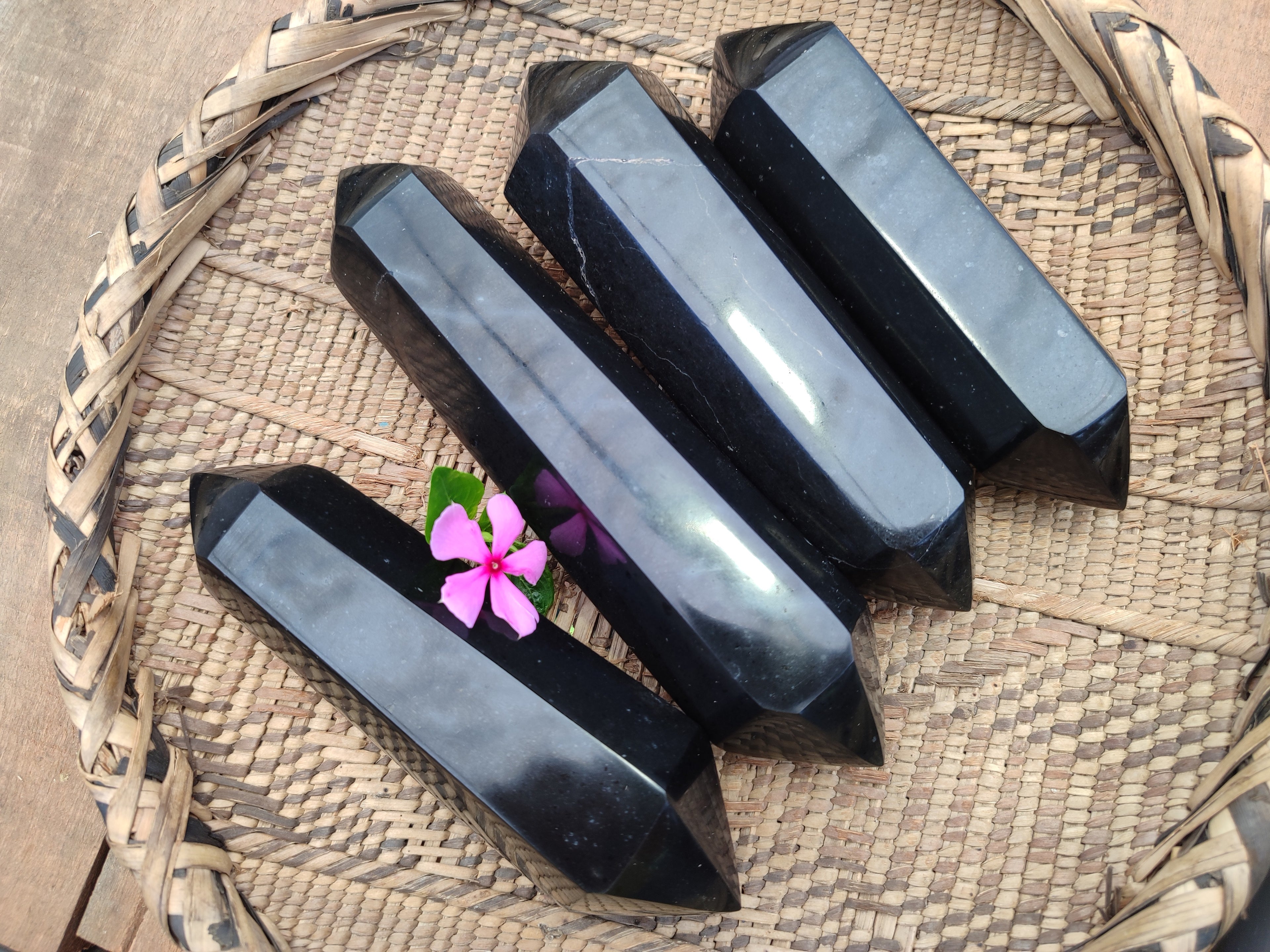 Polished Black Basalt Double Terminated Points x 4 From Antsirabe, Madagascar - Toprock Gemstones and Minerals 