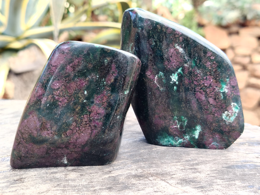 Polished Ruby Corundum In Chrome Verdite Standing Free Forms x 3 From Zimbabwe - Toprock Gemstones and Minerals 