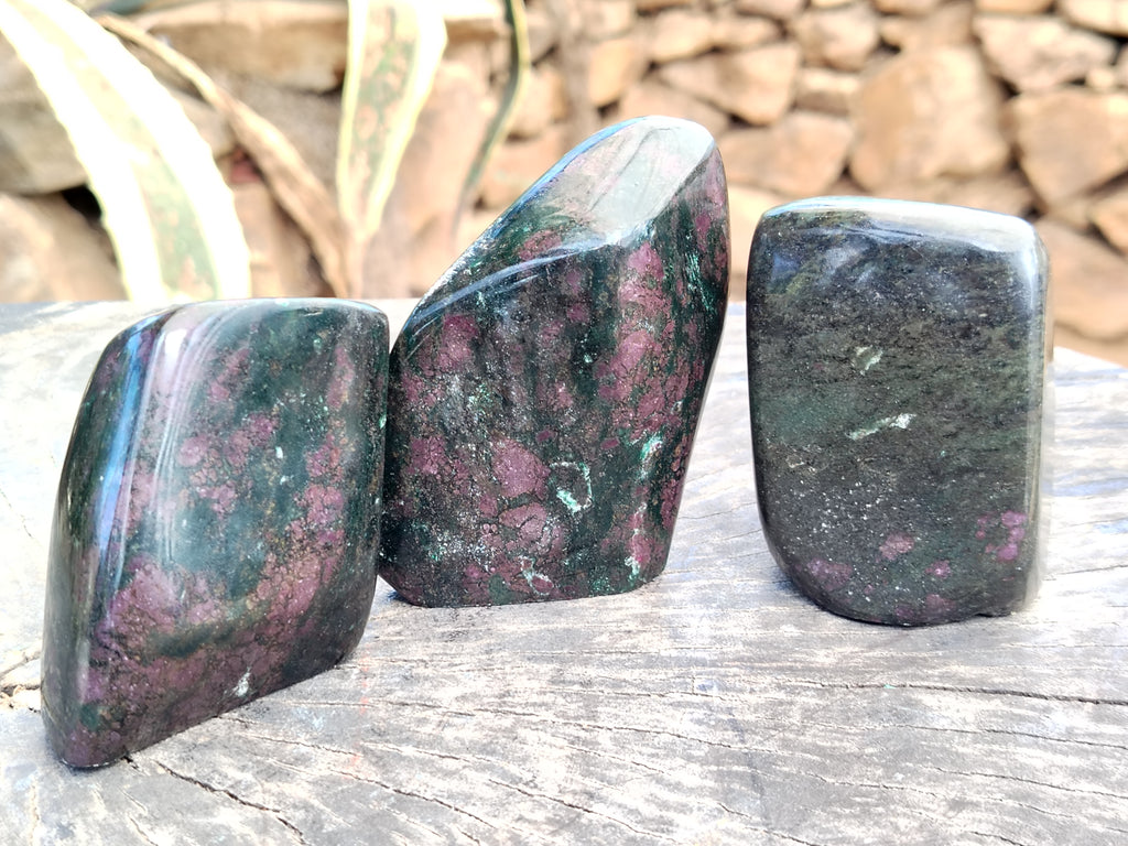 Polished Ruby Corundum In Chrome Verdite Standing Free Forms x 3 From Zimbabwe - Toprock Gemstones and Minerals 