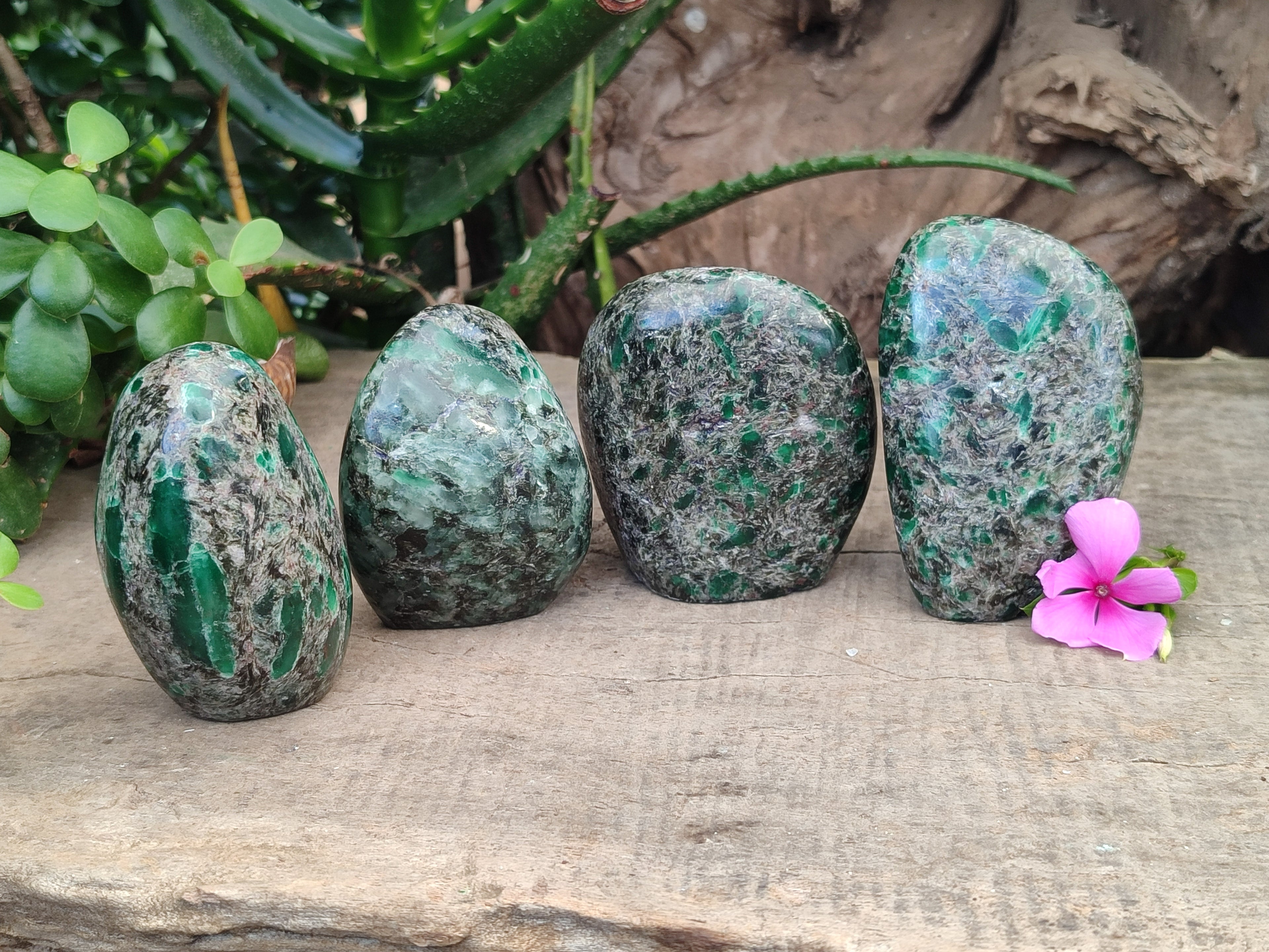 Polished Emerald Mica In Matrix Standing Free Forms x 4 From Mutoko, Zimbabwe - Toprock Gemstones and Minerals 