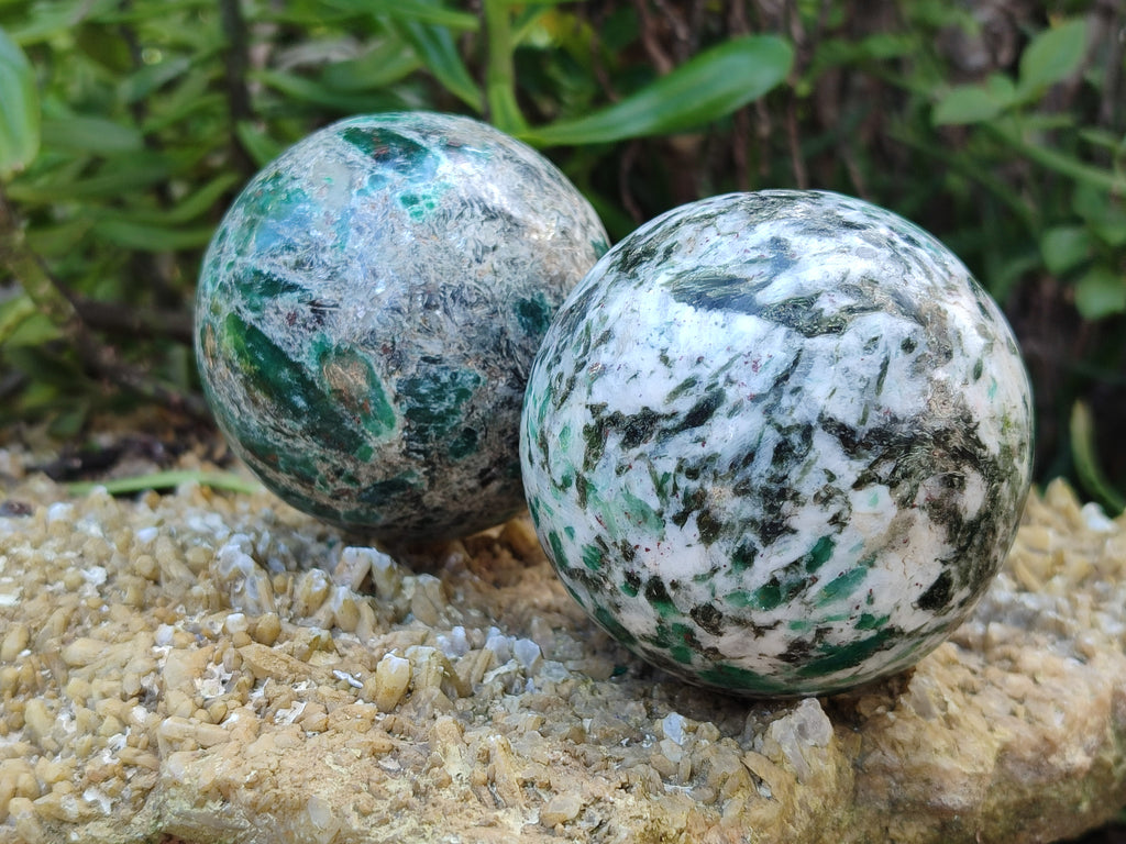 Polished Emerald Mica In Matrix Spheres x 2 From Mutoko, Zimbabwe - Toprock Gemstones and Minerals 