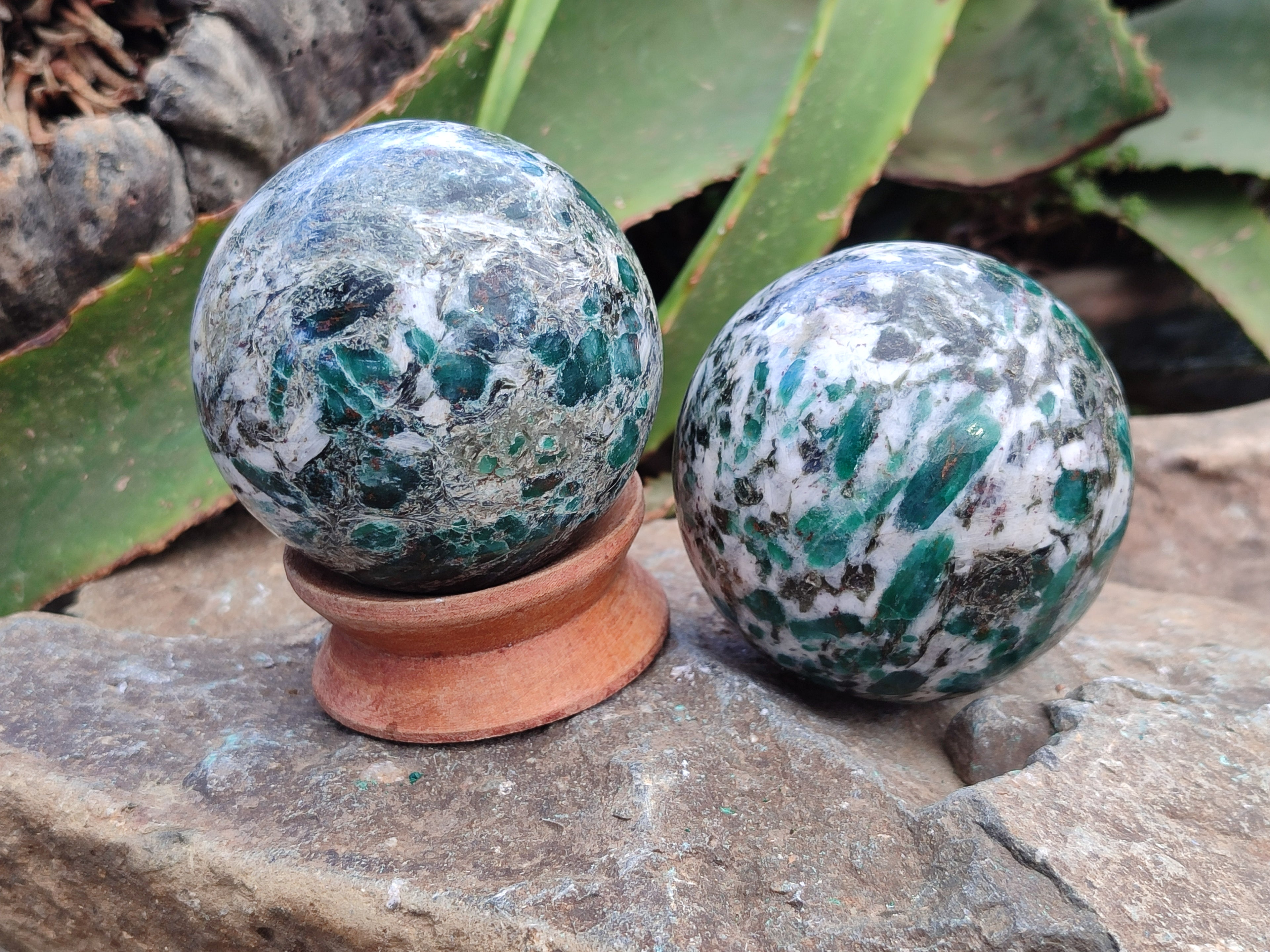 Polished Emerald Mica In Matrix Spheres x 2 From Mutoko, Zimbabwe - Toprock Gemstones and Minerals 