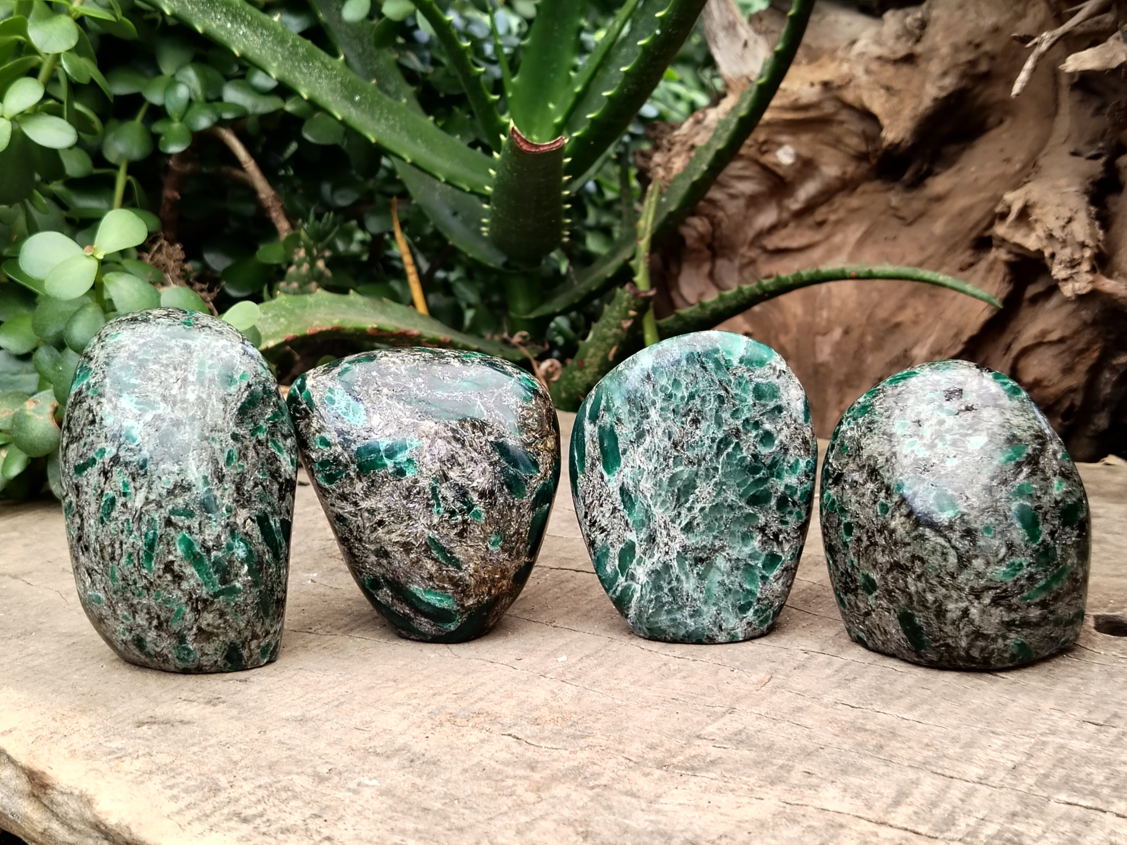 Polished Emerald Mica In Matrix Standing Free Forms x 4 From Mutoko, Zimbabwe - Toprock Gemstones and Minerals 
