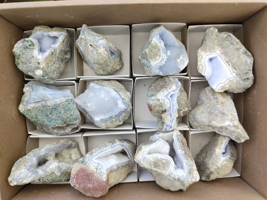 Natural Blue Lace Agate Geode Specimens x 12 From Nsanje, Malawi - Toprock Gemstones and Minerals 