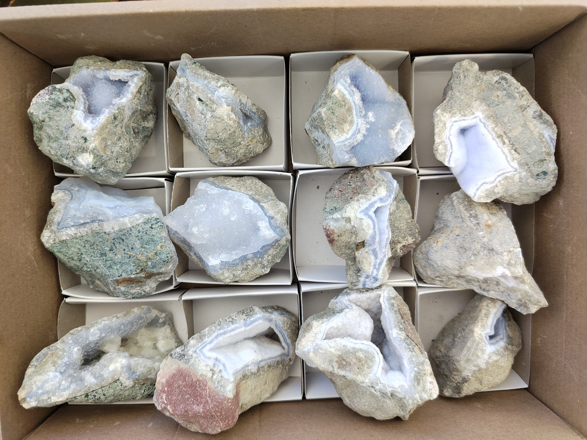 Natural Blue Lace Agate Geode Specimens x 12 From Nsanje, Malawi - Toprock Gemstones and Minerals 