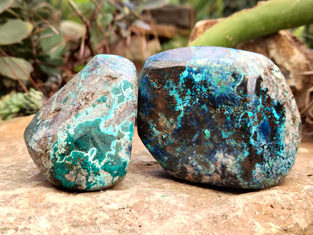 Polished Shattuckite, Azurite, Chrysocolla and Dioptase Free Forms x 4 From Congo - Toprock Gemstones and Minerals 