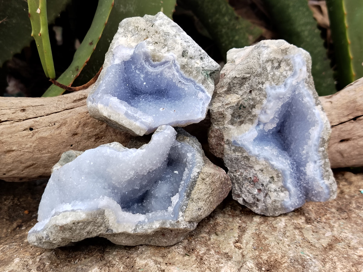 Natural Blue Lace Agate Geode Specimens x 3 From Nsanje, Malawi - Toprock Gemstones and Minerals 