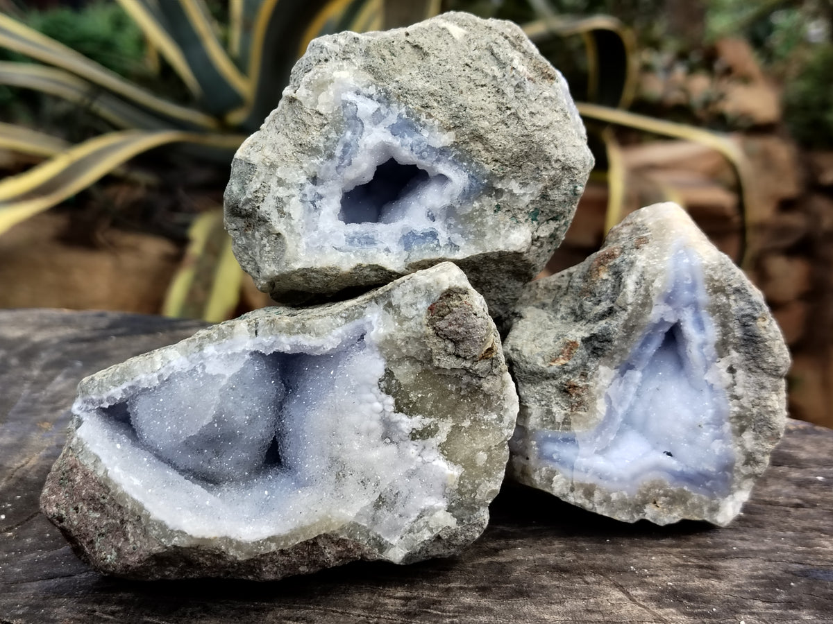 Natural Blue Lace Agate Geode Specimens x 3 From Nsanje, Malawi - Toprock Gemstones and Minerals 