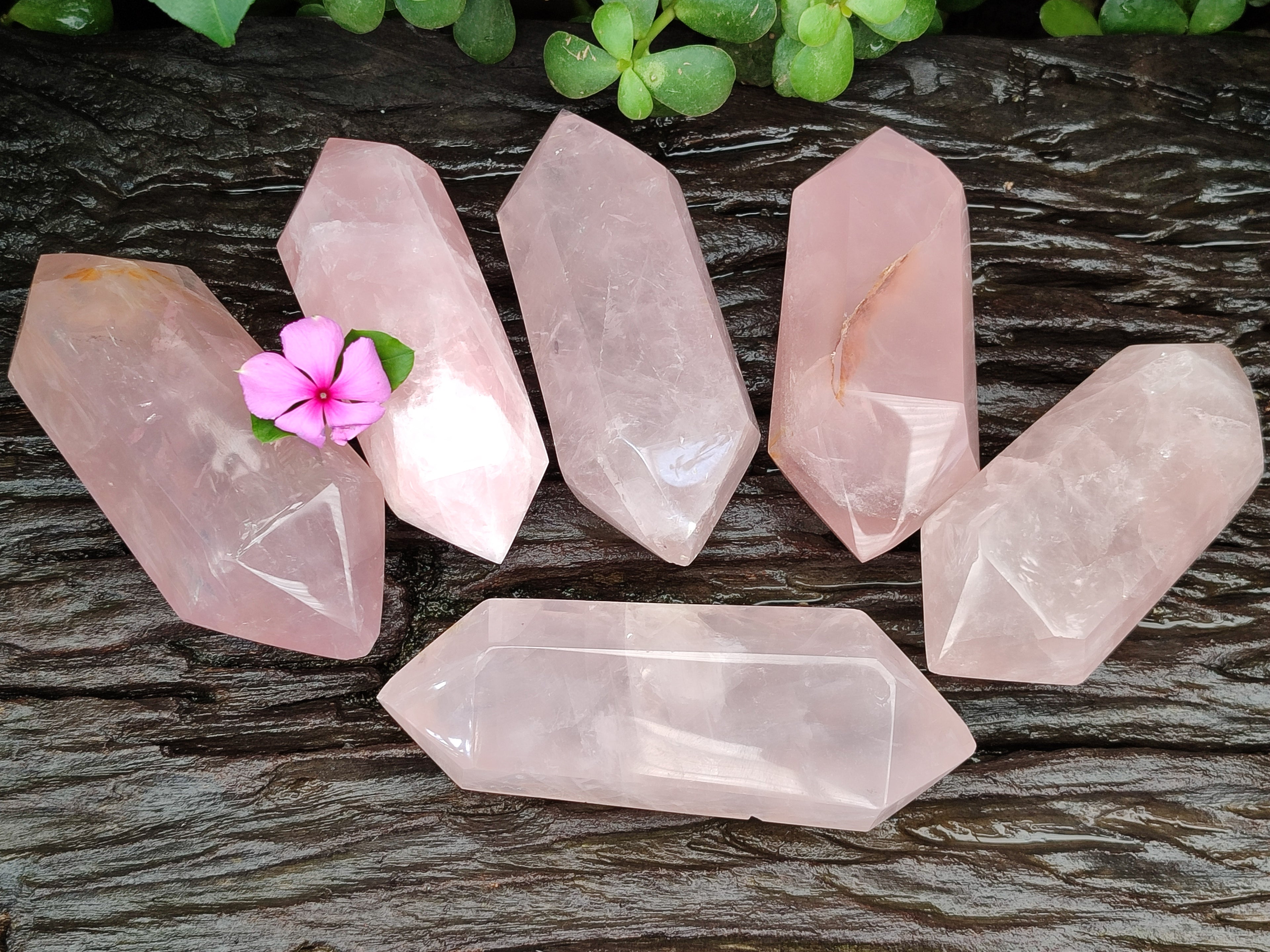 Polished Double Terminated Rose Quartz Points x 6 From Ambatondrazaka, Madagascar - Toprock Gemstones and Minerals 