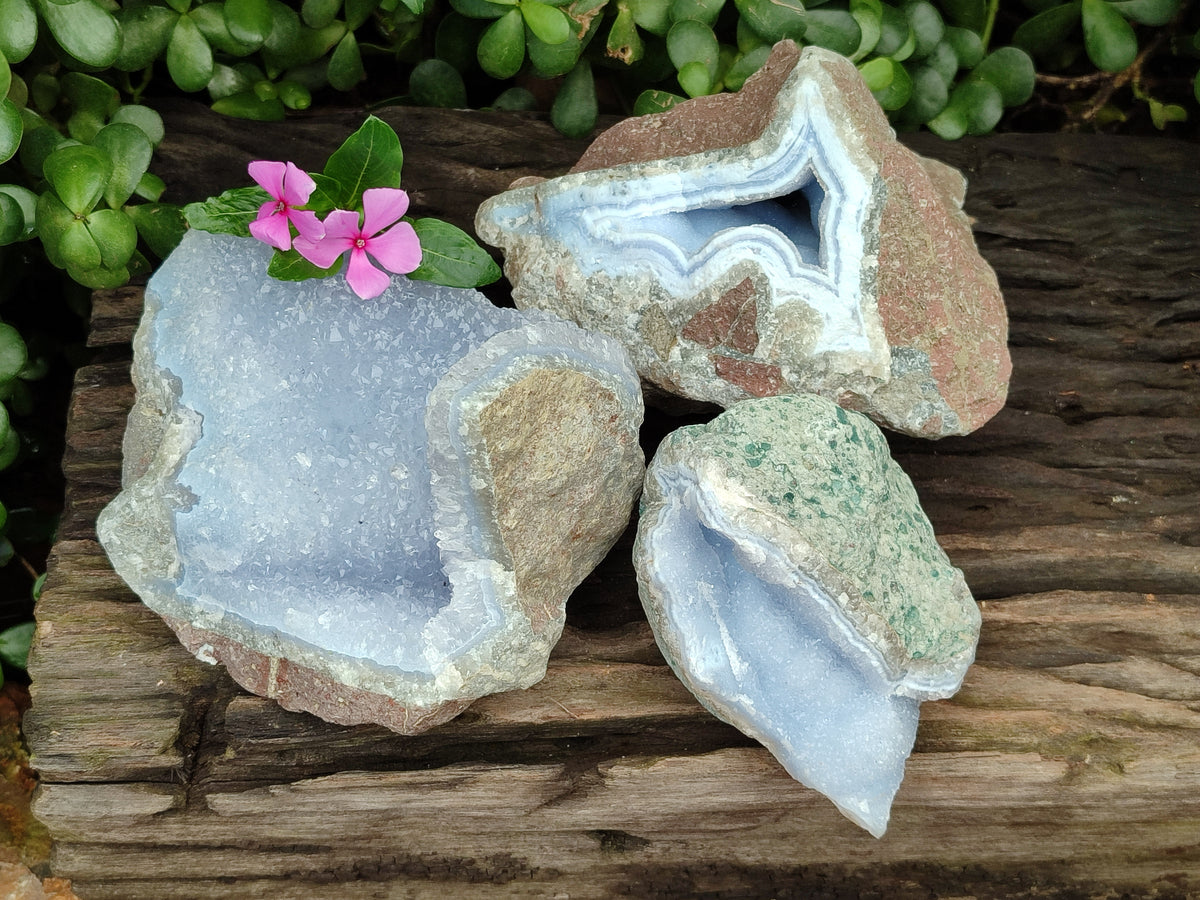 Natural Blue Lace Agate Geode Specimens x 3 From Nsanje, Malawi - Toprock Gemstones and Minerals 