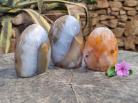 Polished Banded and Carnelian Agate Standing Free Forms x 3 From Madagascar
