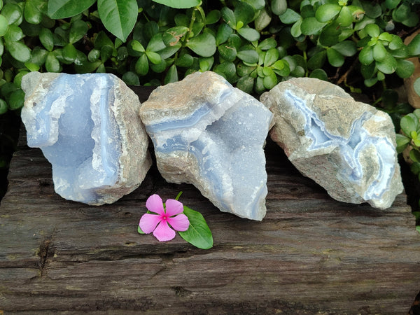 Natural Blue Lace Agate Geode Specimens x 3 From Nsanje, Malawi