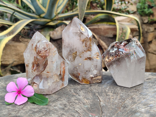 Polished Smokey Window Quartz Crystals x 3 From Madagascar