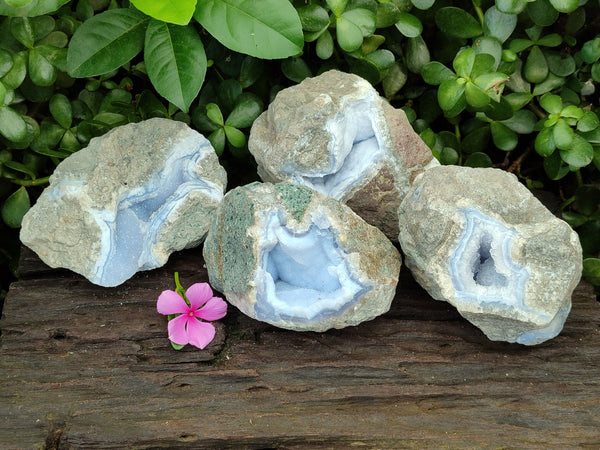 Natural Blue Lace Agate Geode Specimens x 4 From Nsanje, Malawi
