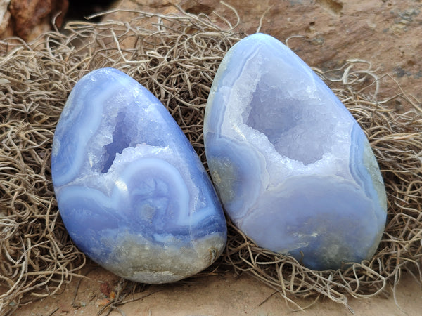 Polished Blue Lace Agate Geode Specimens x 12 From Nsanje, Malawi
