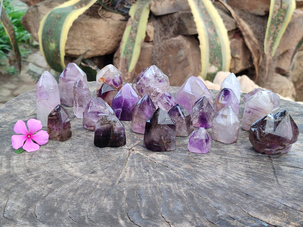 Polished Smokey Window Amethyst Quartz Crystals x 24 From Akansobe, Madagascar