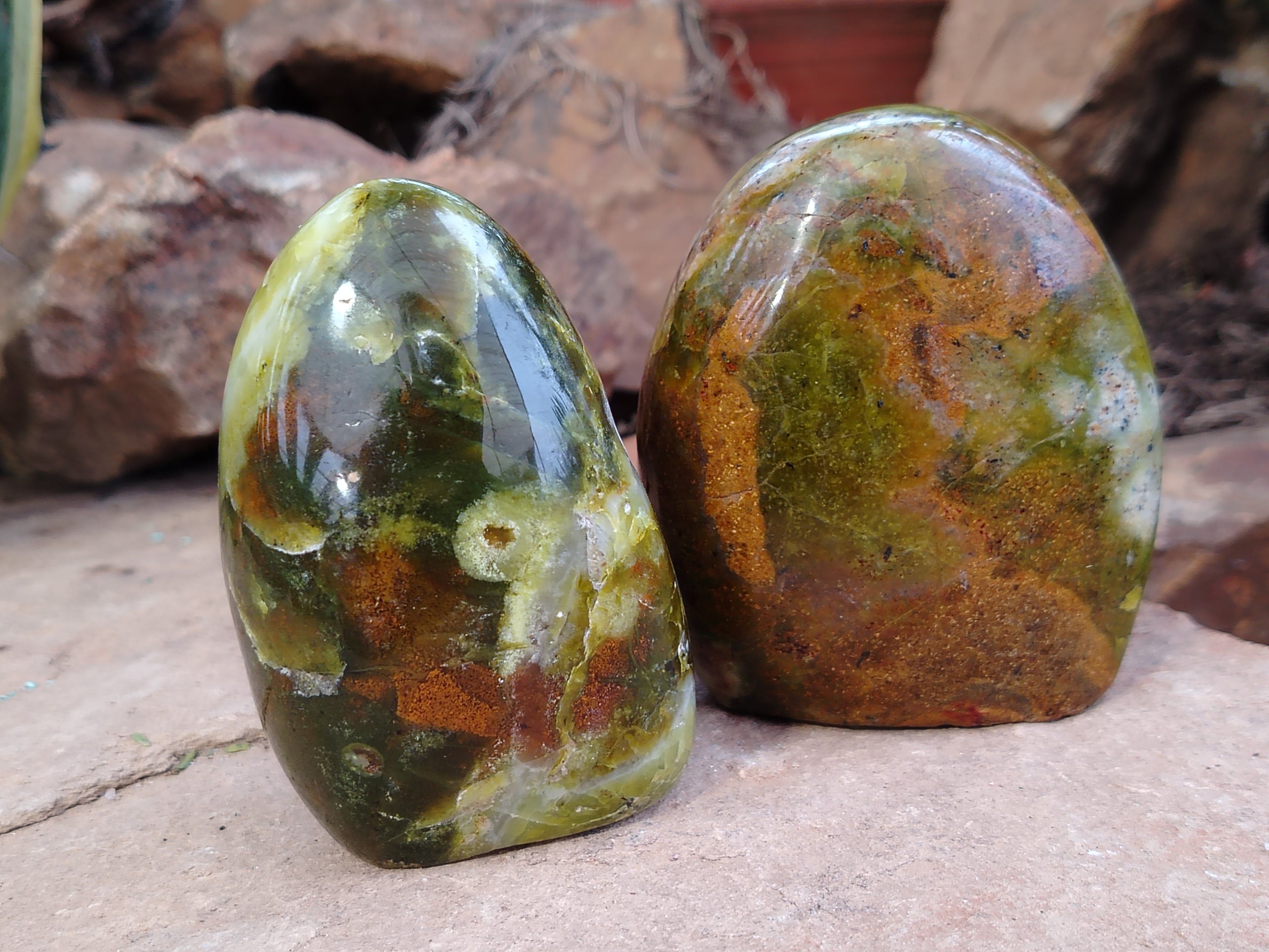 Polished Green Opal Standing Free Forms x 6 From Antsirabe, Madagascar - Toprock Gemstones and Minerals 