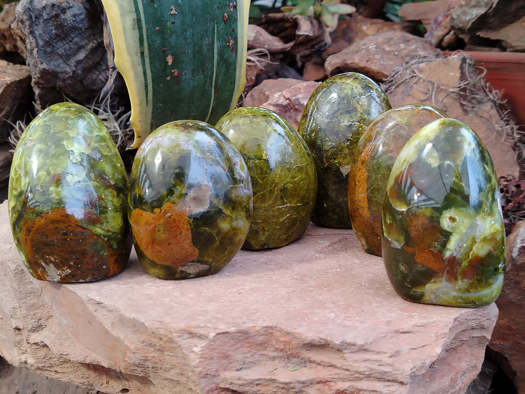 Polished Green Opal Standing Free Forms x 6 From Antsirabe, Madagascar - Toprock Gemstones and Minerals 