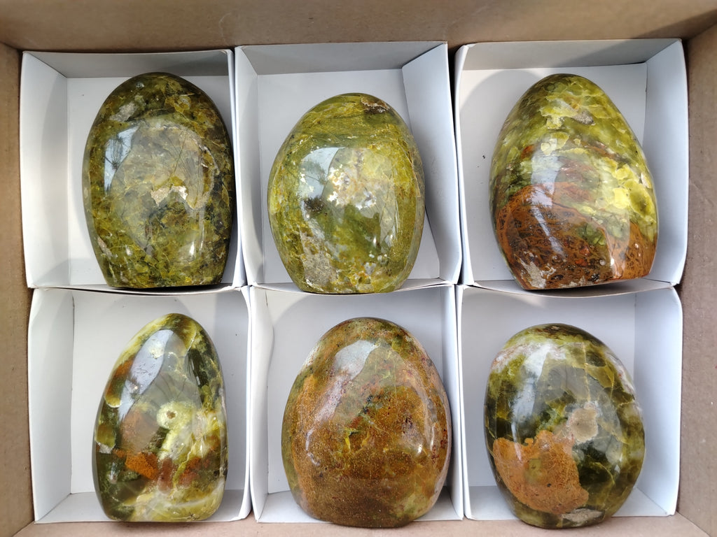 Polished Green Opal Standing Free Forms x 6 From Antsirabe, Madagascar - Toprock Gemstones and Minerals 