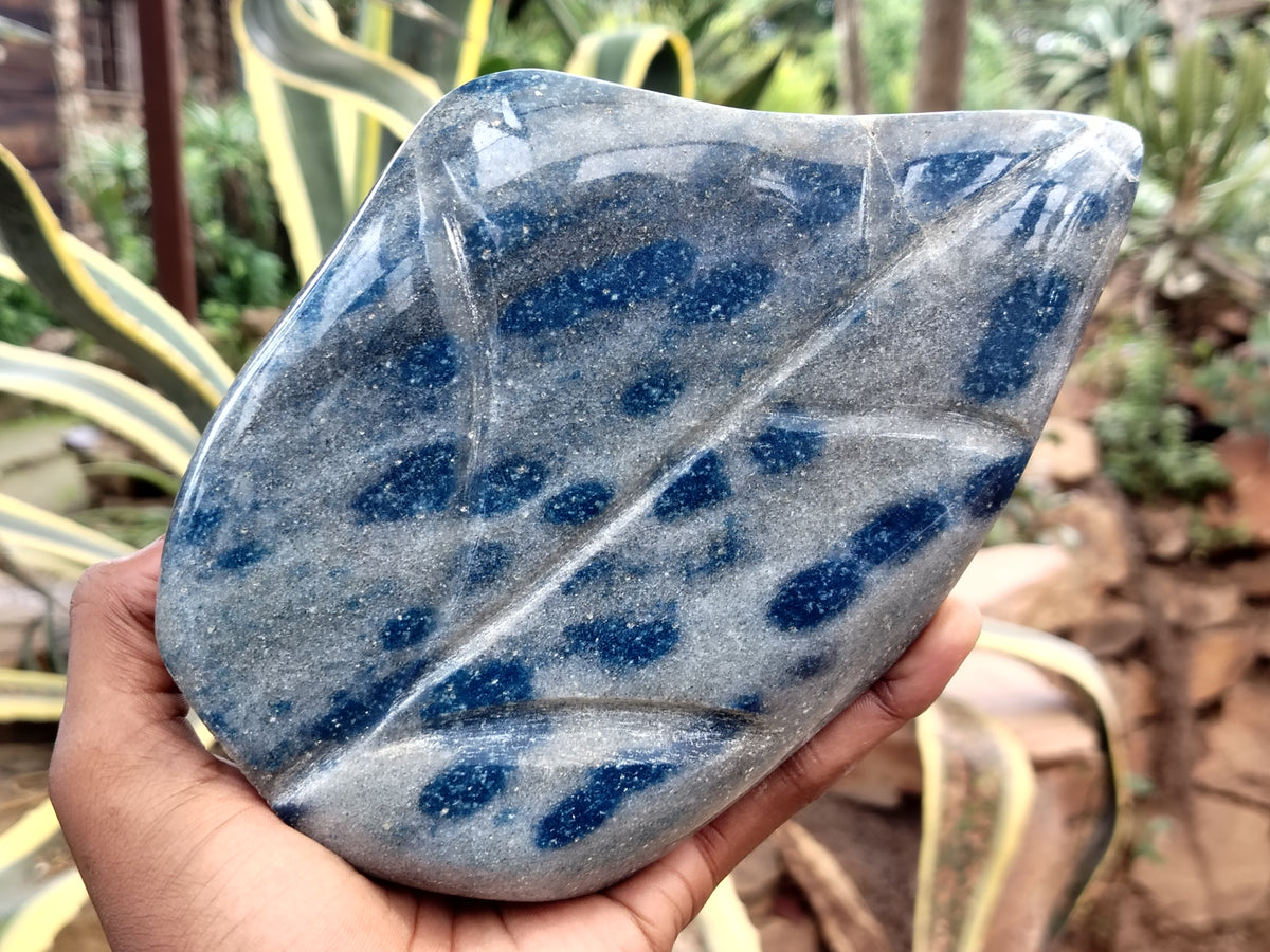Polished Blue Spinel Spotted Quartz Leaf Sculpture x 1 From Madagascar - Toprock Gemstones and Minerals 