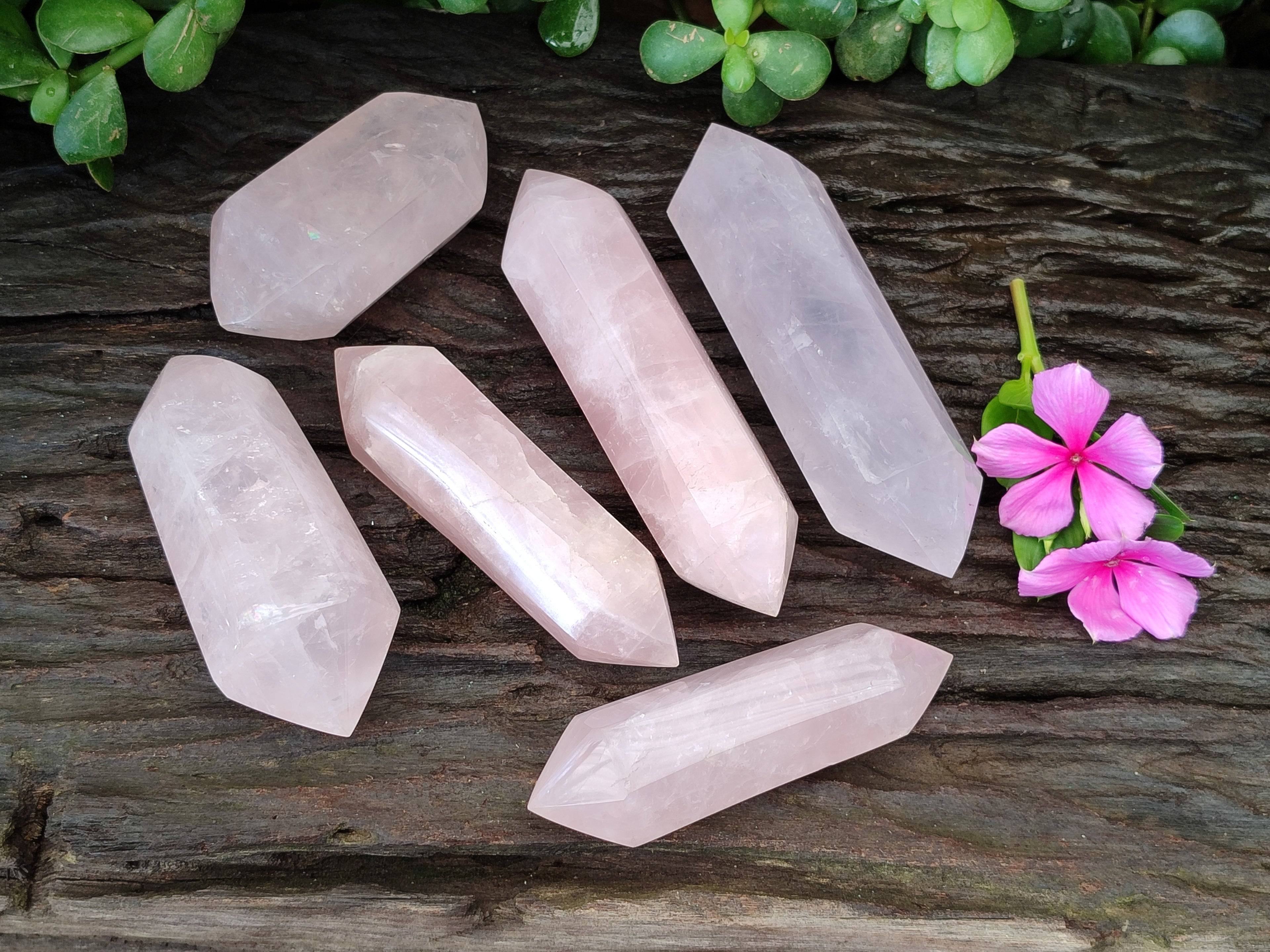 Polished Double Terminated Rose Quartz Points x 6 From Ambatondrazaka, Madagascar - Toprock Gemstones and Minerals 