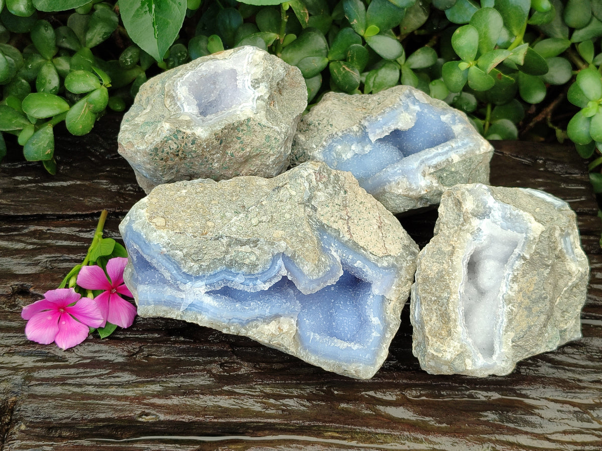 Natural Blue Lace Agate Geode Specimens x 4 From Nsanje, Malawi - Toprock Gemstones and Minerals 
