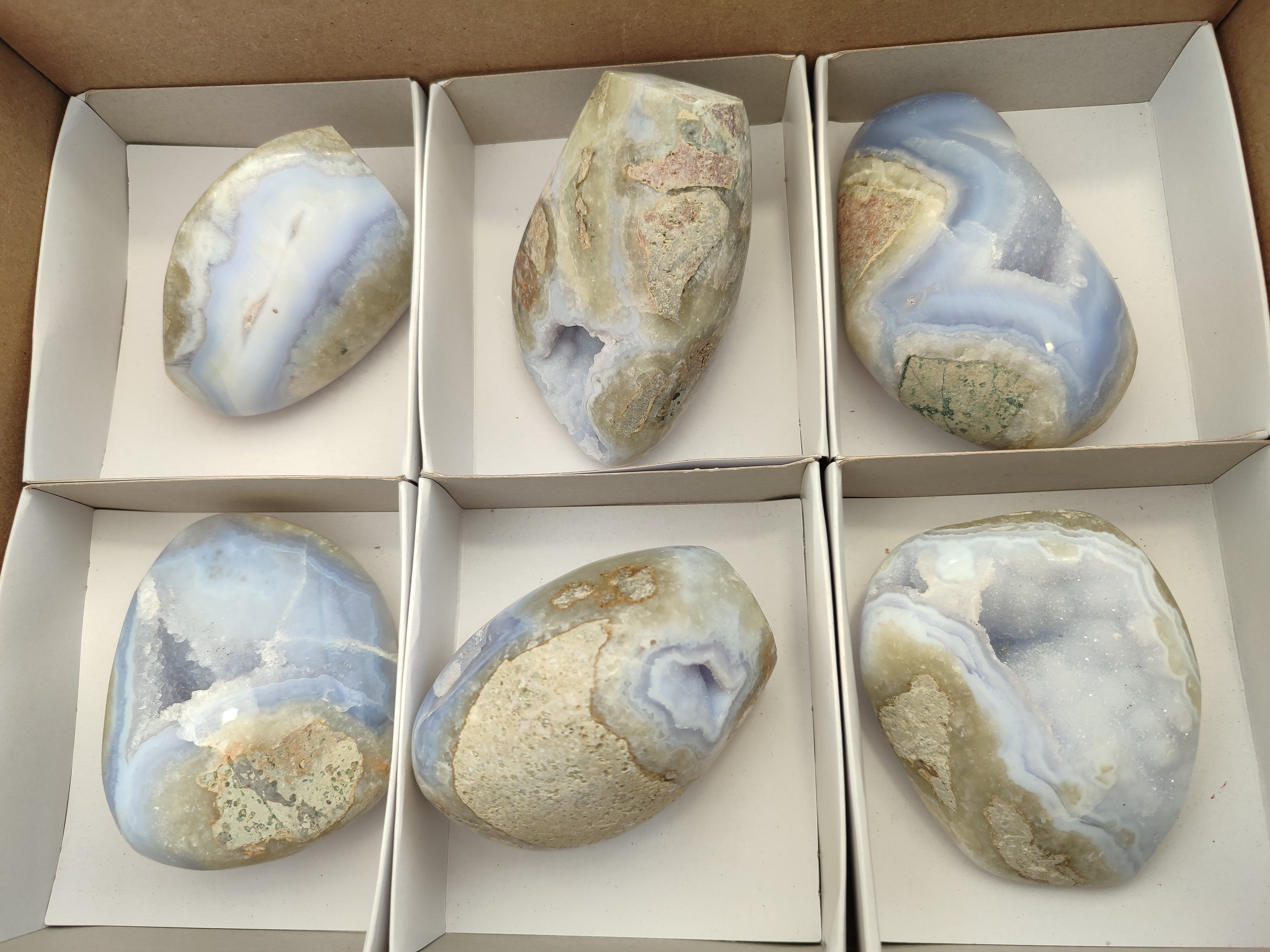 Polished Blue Lace Agate Geodes x 6 From Nsanje, Malawi - Toprock Gemstones and Minerals 