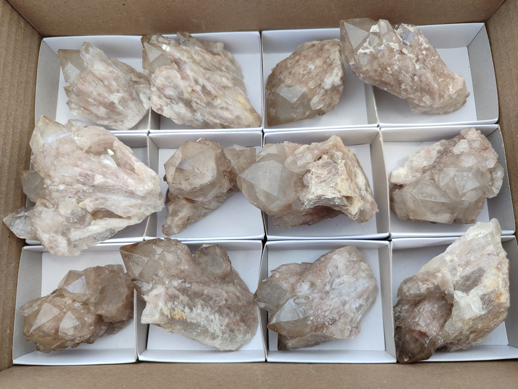 Natural Smokey Phantom Quartz Clusters x 12 From Luena, Congo - Toprock Gemstones and Minerals 