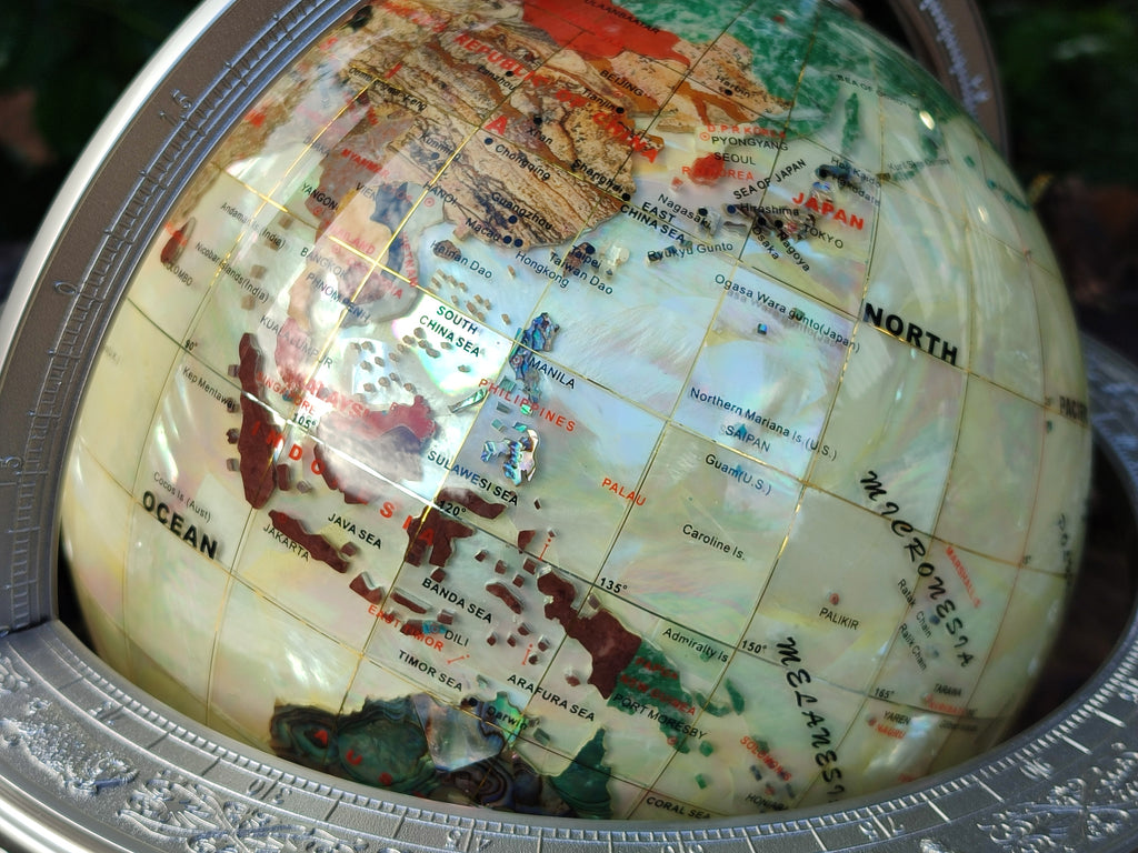 Hand Made Large Mother of Pearl Revolving World Globe with Metal Stand x 1 From China - Toprock Gemstones and Minerals 
